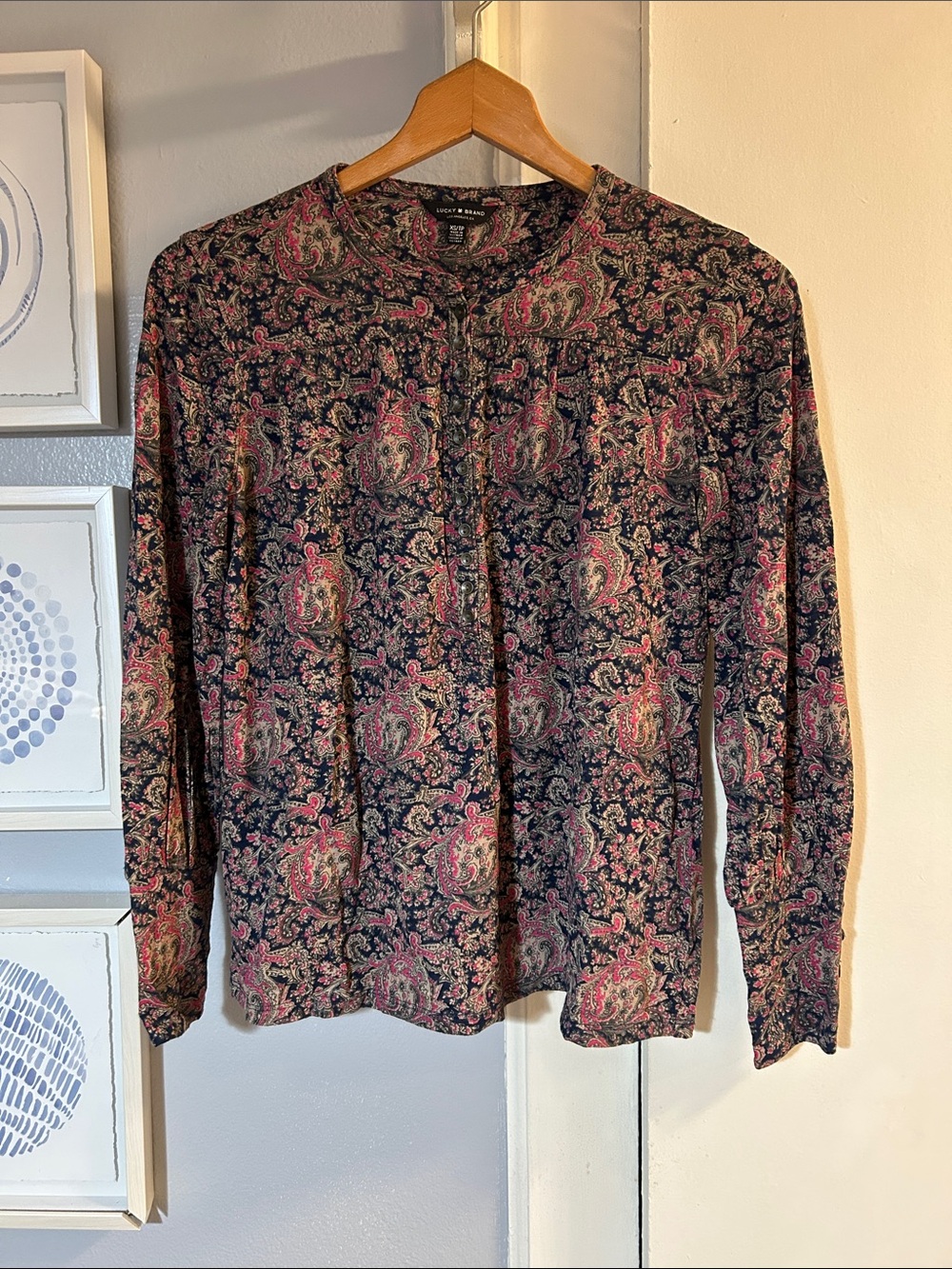 Lucky Brand Navy Paisley Button-Front Long Sleeve Blouse w/Pink Accents Size XS